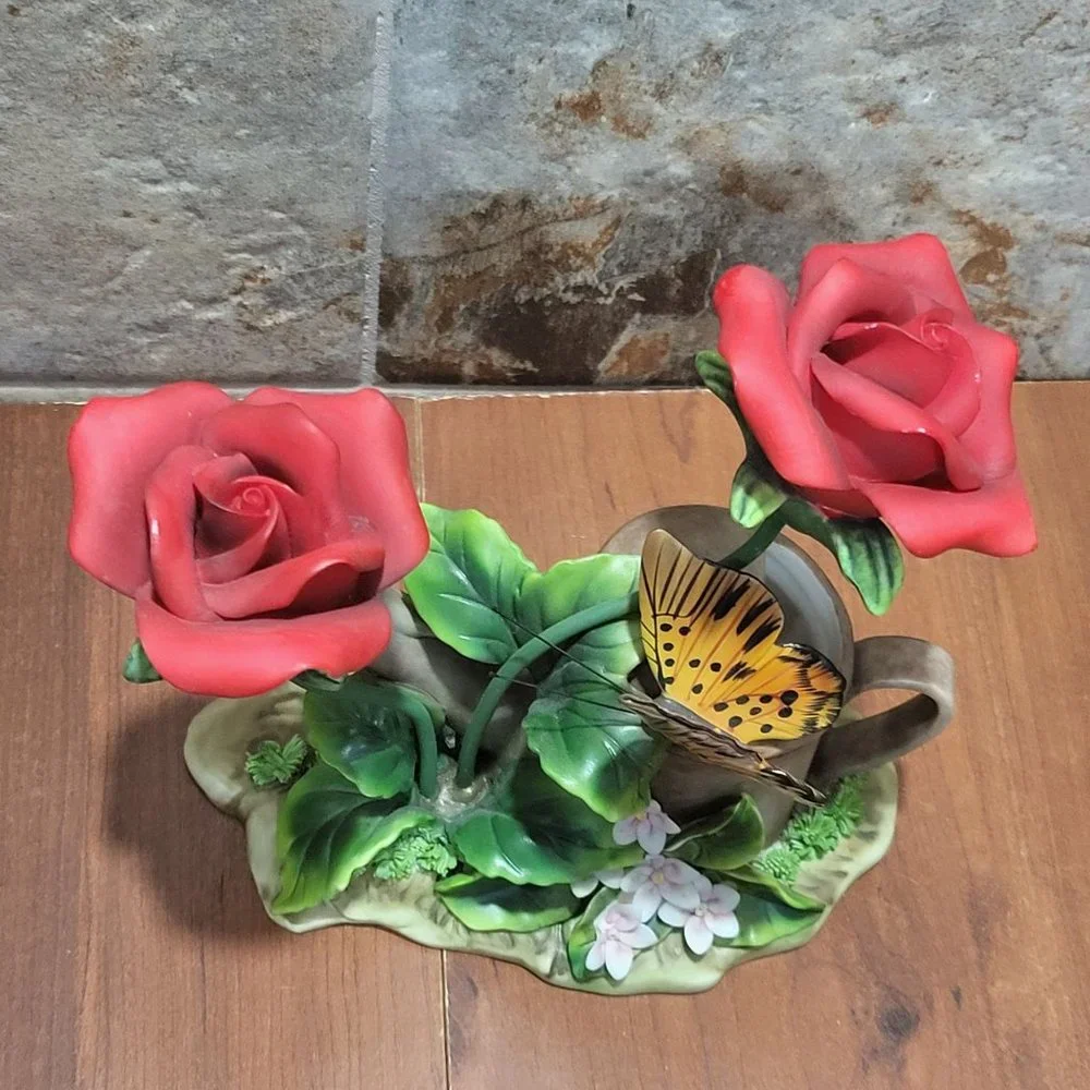 Butterfly and Roses Watering Can Planter Figurine Decor